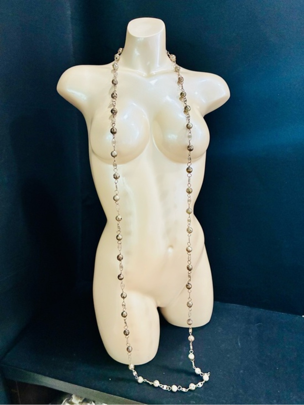 VTG Tibetan Long Silver Beaded Station Necklace - Silver Lightweight Bohemian